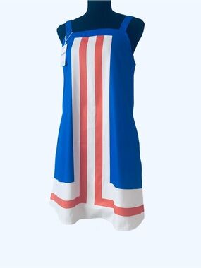 FASHION ~ Royal Blue Shift Colorblock A-Line Dress with Orange and White Stripes